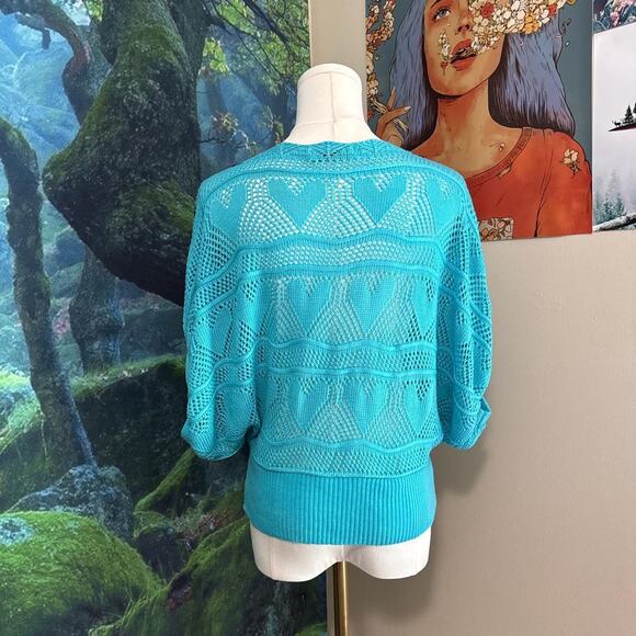 turquoise open knit batwing sweater jon & anna sheer button sleeve pullover - Picture 5 of 7